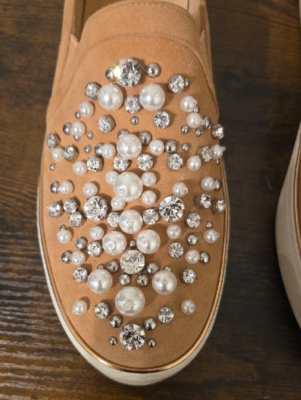 Stuart Weitzman Tan Crystal & Pearl Embellished Slip-On Loafers - Picture 2 of 10